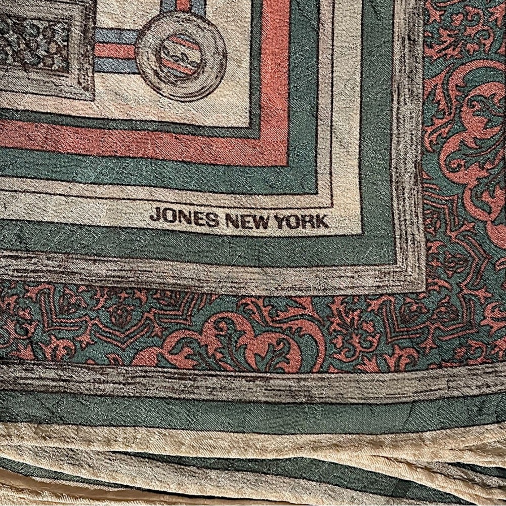Striped Paisley Border Scarf in Green, Coral & Cream